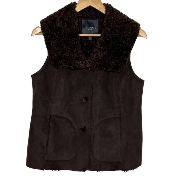 Talbots Brown Faux Suede Sherpa Vest Size 8P Cozy Winter Outerwear - Picture 1 of 12